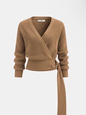 Commense Brown Wrap V-Neck Ribbed Tie Sweater